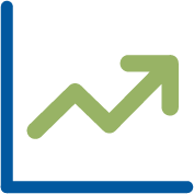 A minimalist icon depicting a blue graph with a green northeast-pointing arrow drawn on it.
