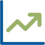 A minimalist icon depicting a blue graph with a green northeast-pointing arrow drawn on it.